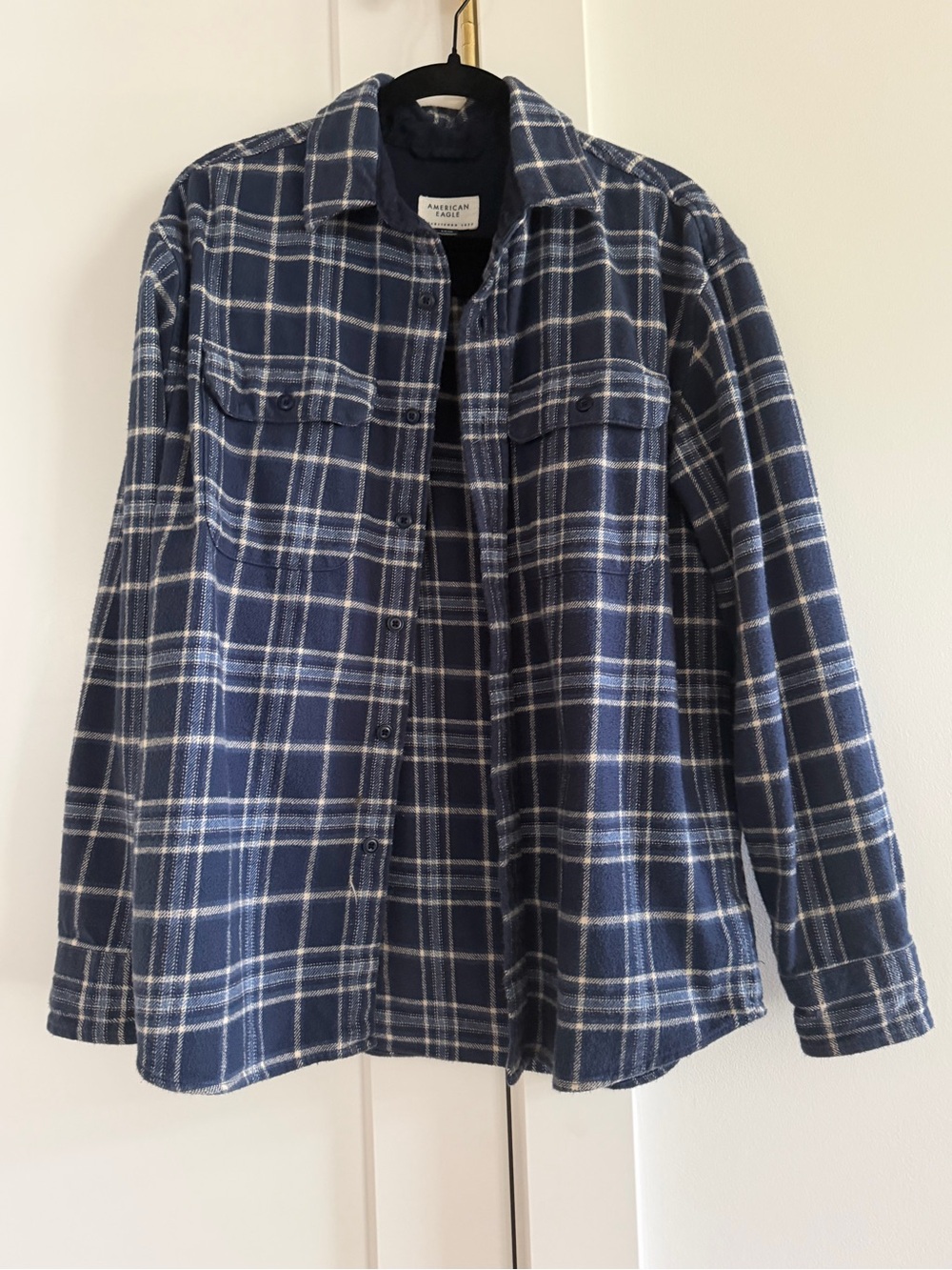 AE American Eagle Outfitters Navy Plaid Flannel Long Sleeve Shirt Size S